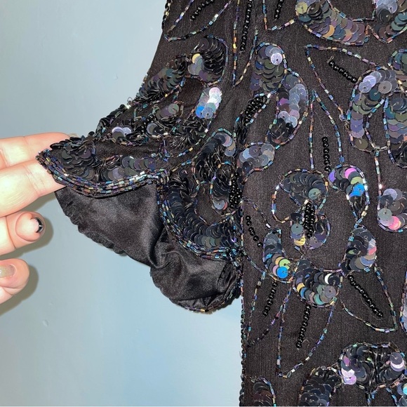 Papell Boutique Vintage Sequined Evening Top Silk Scalloped Hem Petite Medium - Picture 5 of 9